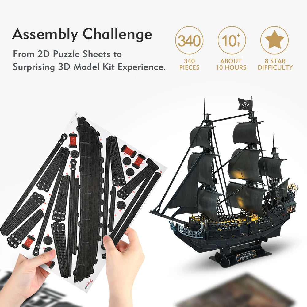 3D Puzzle Queen Anne Revenge Pirate Ship w/ LED Lights Model