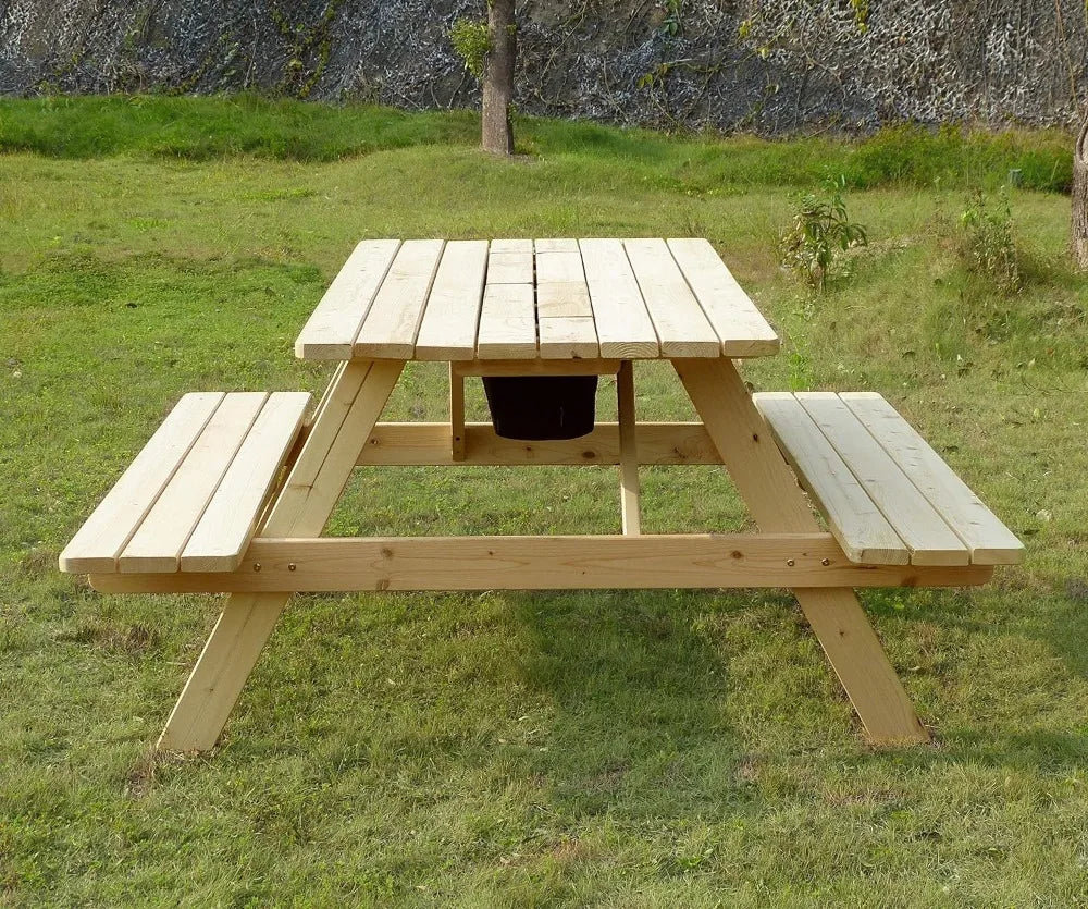 Wooden Picnic Table, with Bench, and cooler.