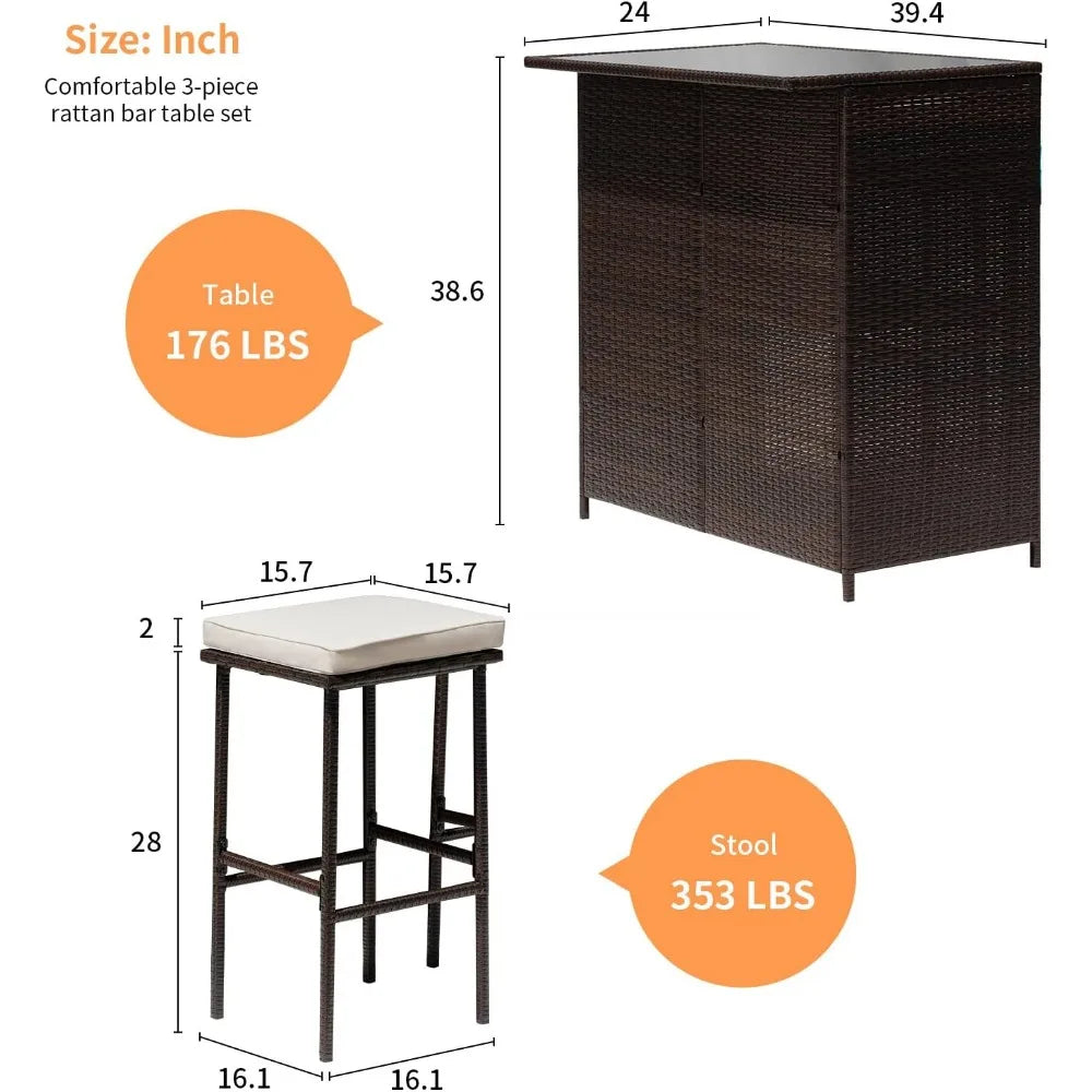 3PCS Patio Set , Wicker Glass Topped Bar & Two Stools