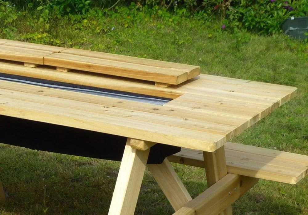 Wooden Picnic Table, with Bench, and cooler.