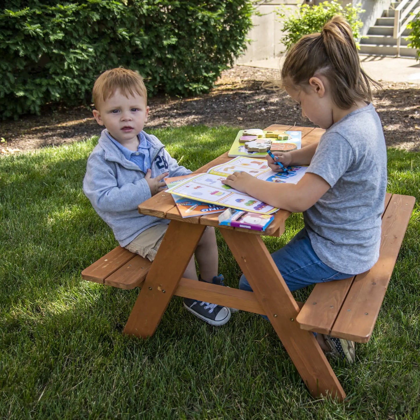 Kids Wooden Picnic Table, Brown, Portable, 35.00 X 30.50 X 20.00 Inches