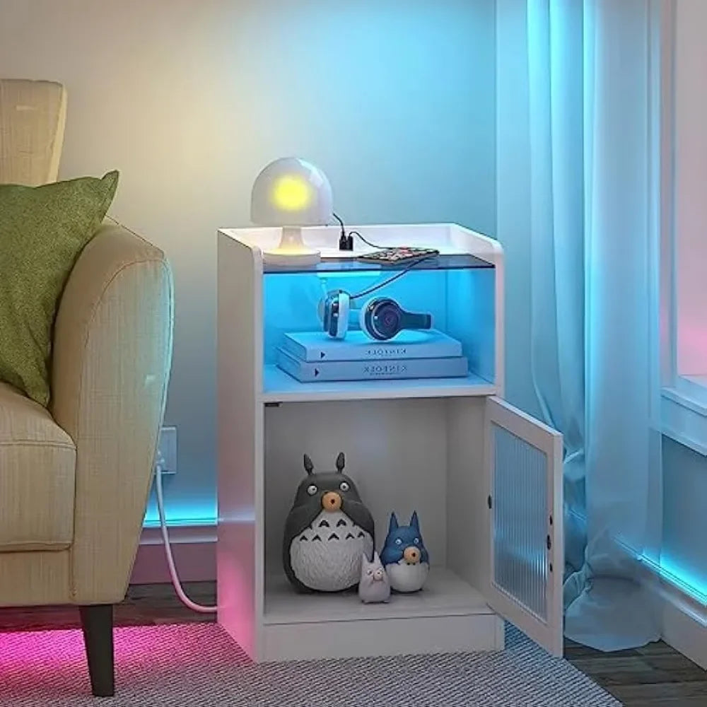 Nightstand/ Side Table with Power Outlet and LED Light,