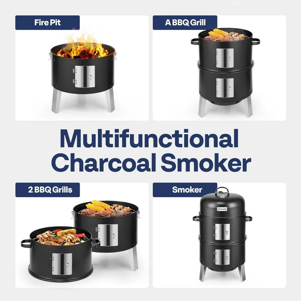 3-in-1 Vertical Charcoal Smoker, Grill with Thermometer, Vent, 2 Access Doors