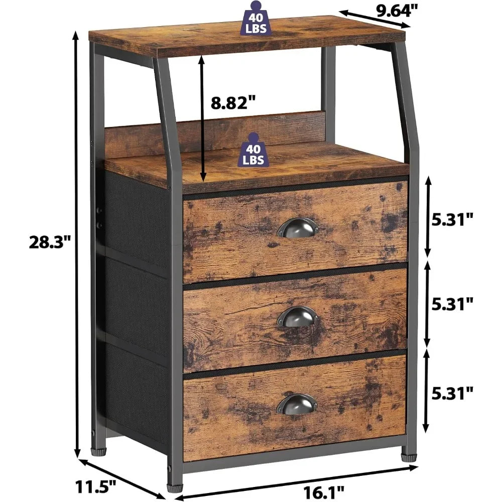 Nightstand with 3 Fabric Drawers and 2-Tier Wooden Shelf, Steel Frame