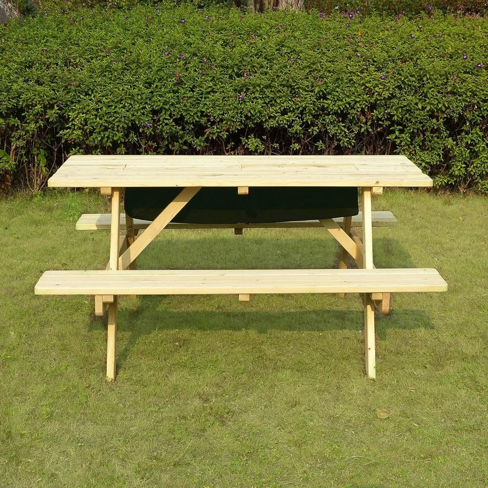 Wooden Picnic Table, with Bench, and cooler.