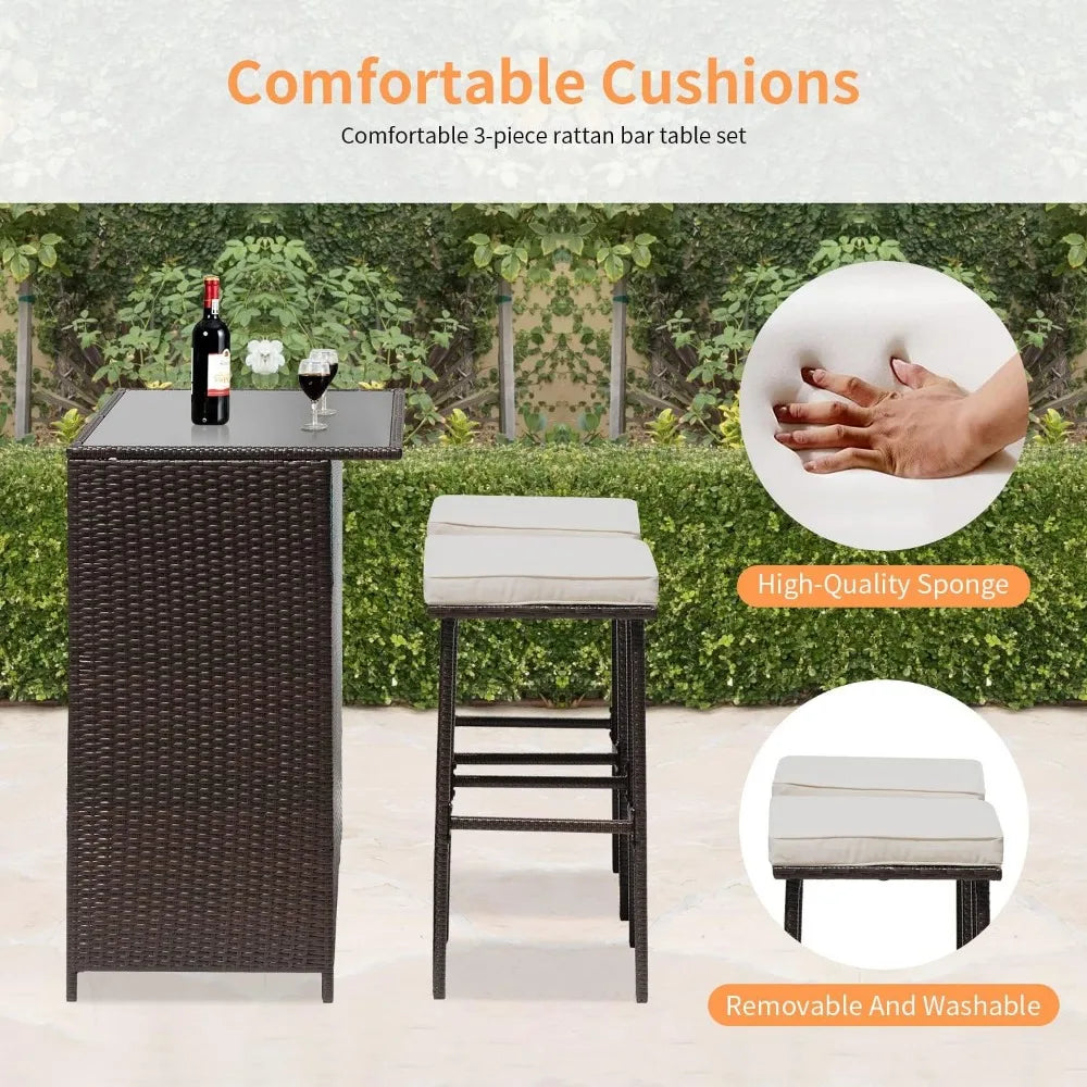 3PCS Patio Set , Wicker Glass Topped Bar & Two Stools