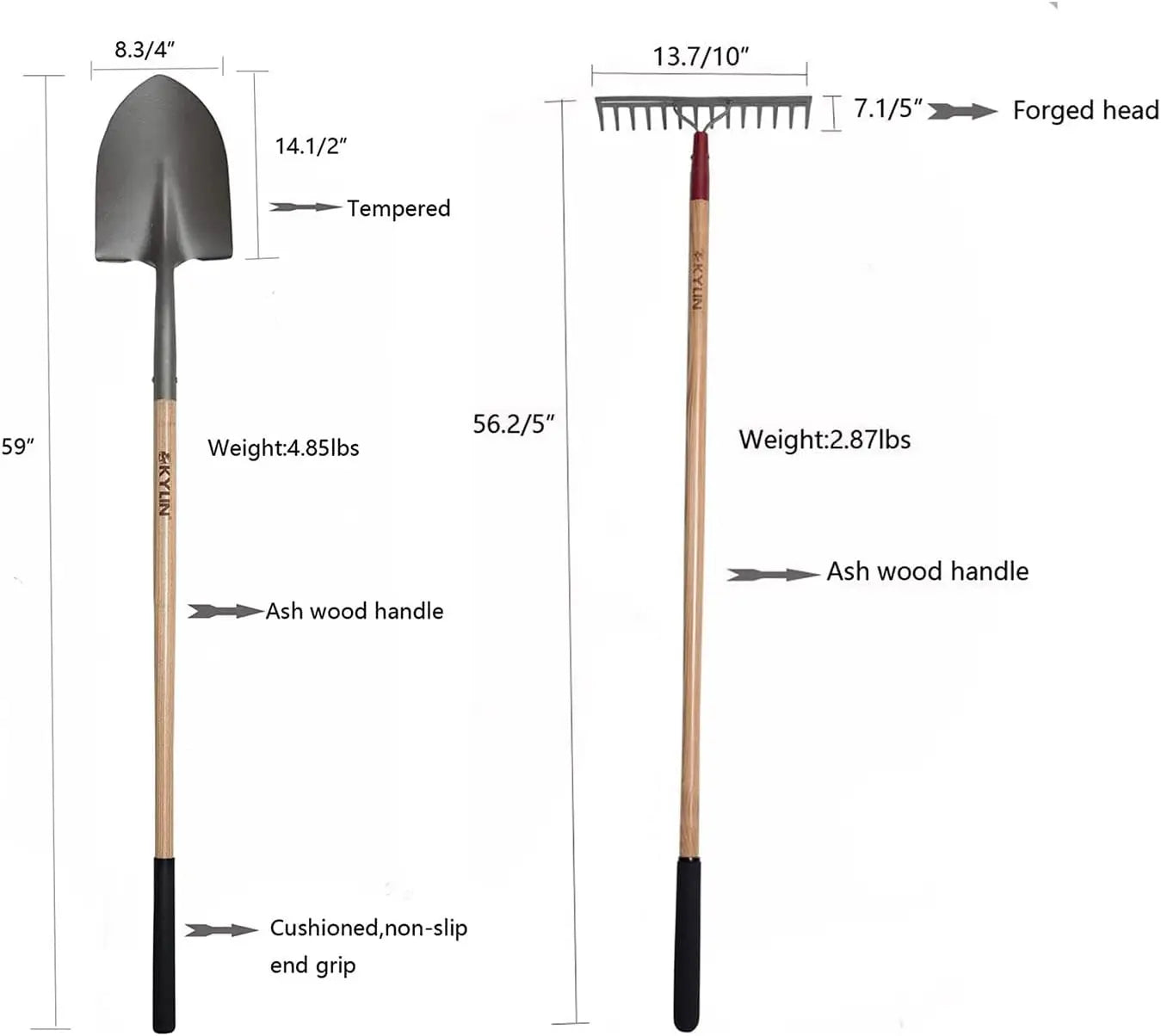 Garden Tools, Set of 8, 14-Guage, Long Ash Handles