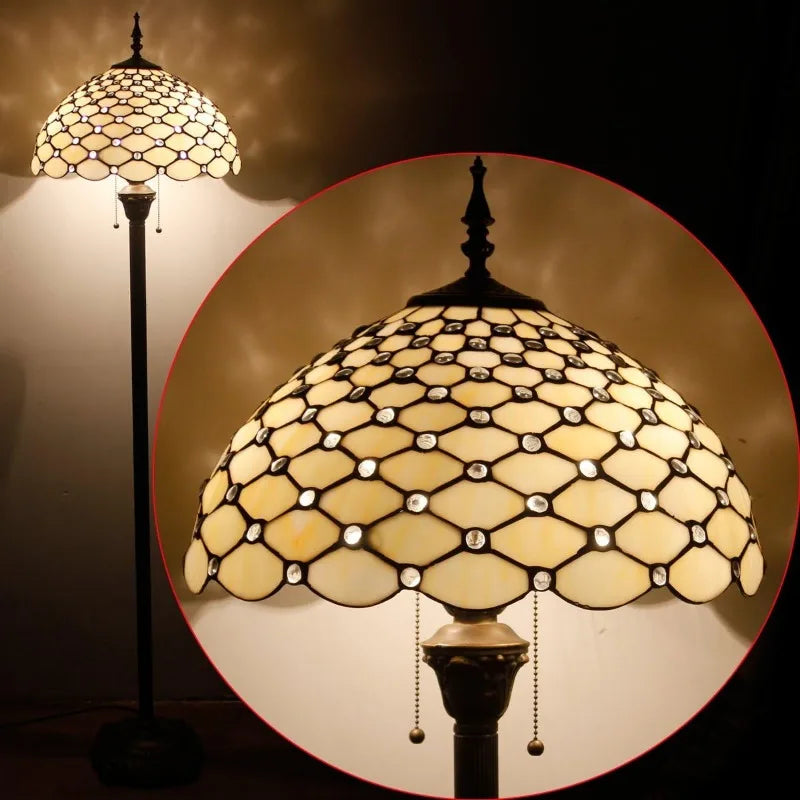 Floor Lamp Cream Amber Stained Glass Bead Standing Light