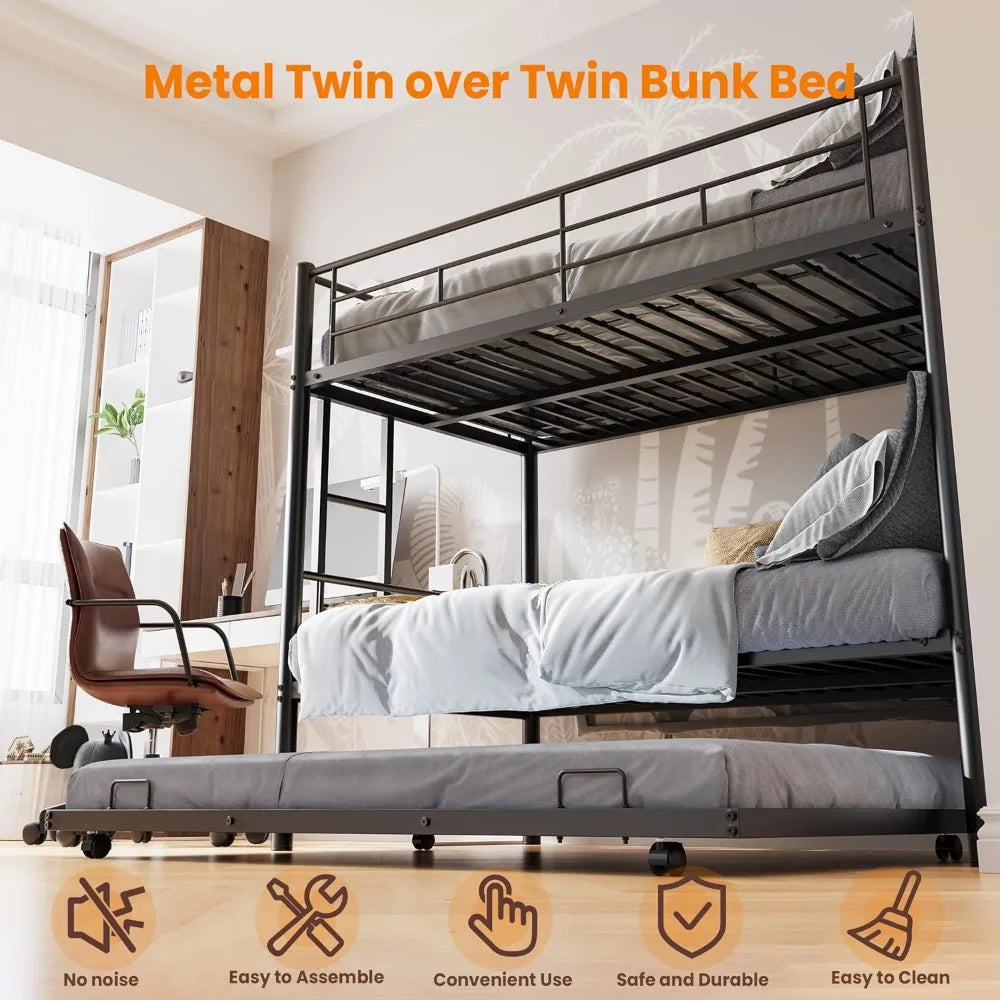 Twin Bunk Bed with Trundle, Steel frame, Guardrail, Ladder