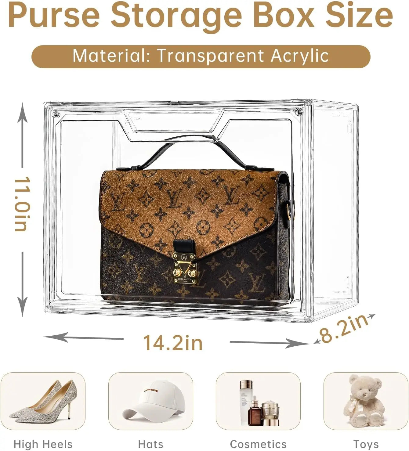 Purse Organizer, 5 Clear Acrylic Display Cases, Stackable, Magnetic closures