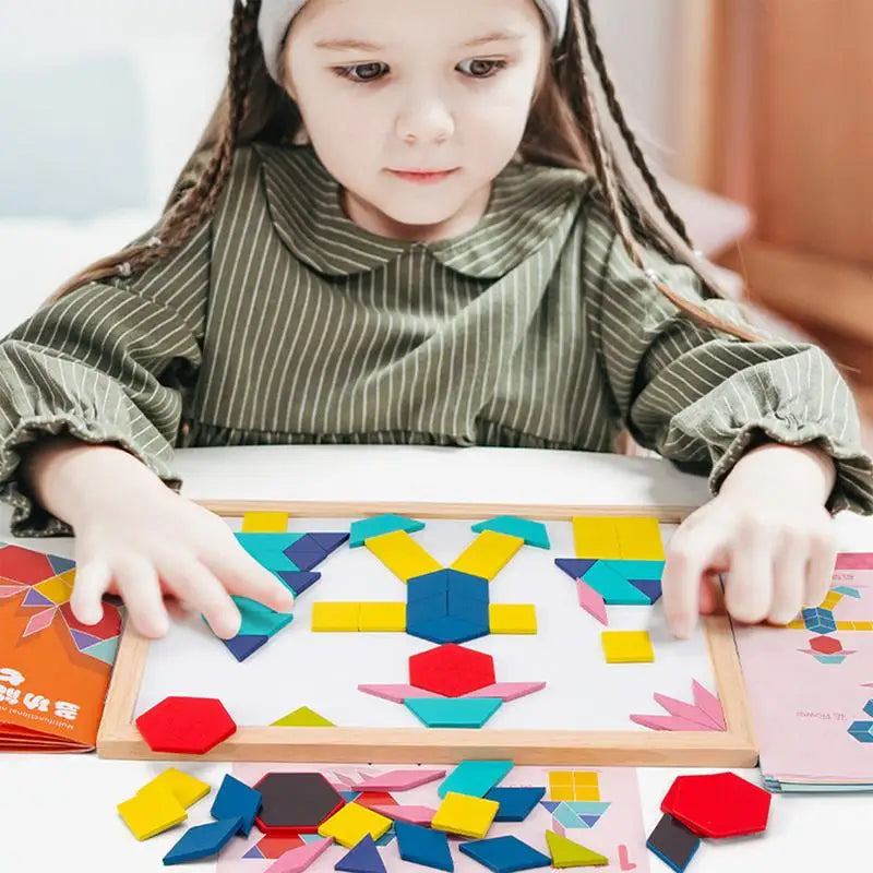 Wooden Pattern Blocks Set Tangram Montessori Learning Toys Magnetic