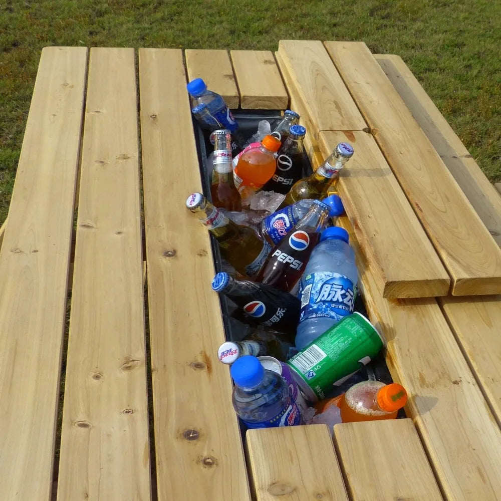 Wooden Picnic Table, with Bench, and cooler.