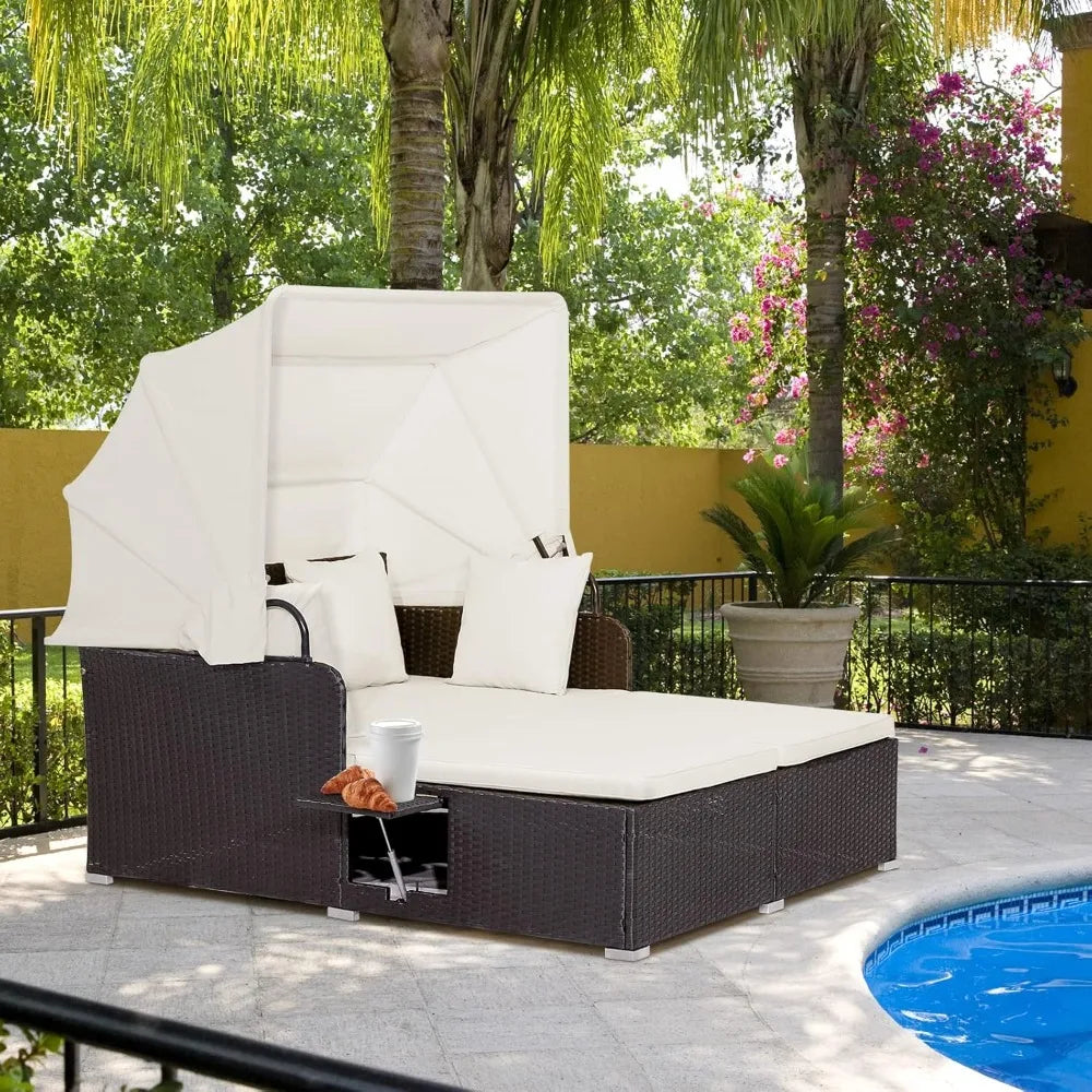 Outdoor PE Rattan Lounge Daybed with Retractable Canopy & 2 Side Trays