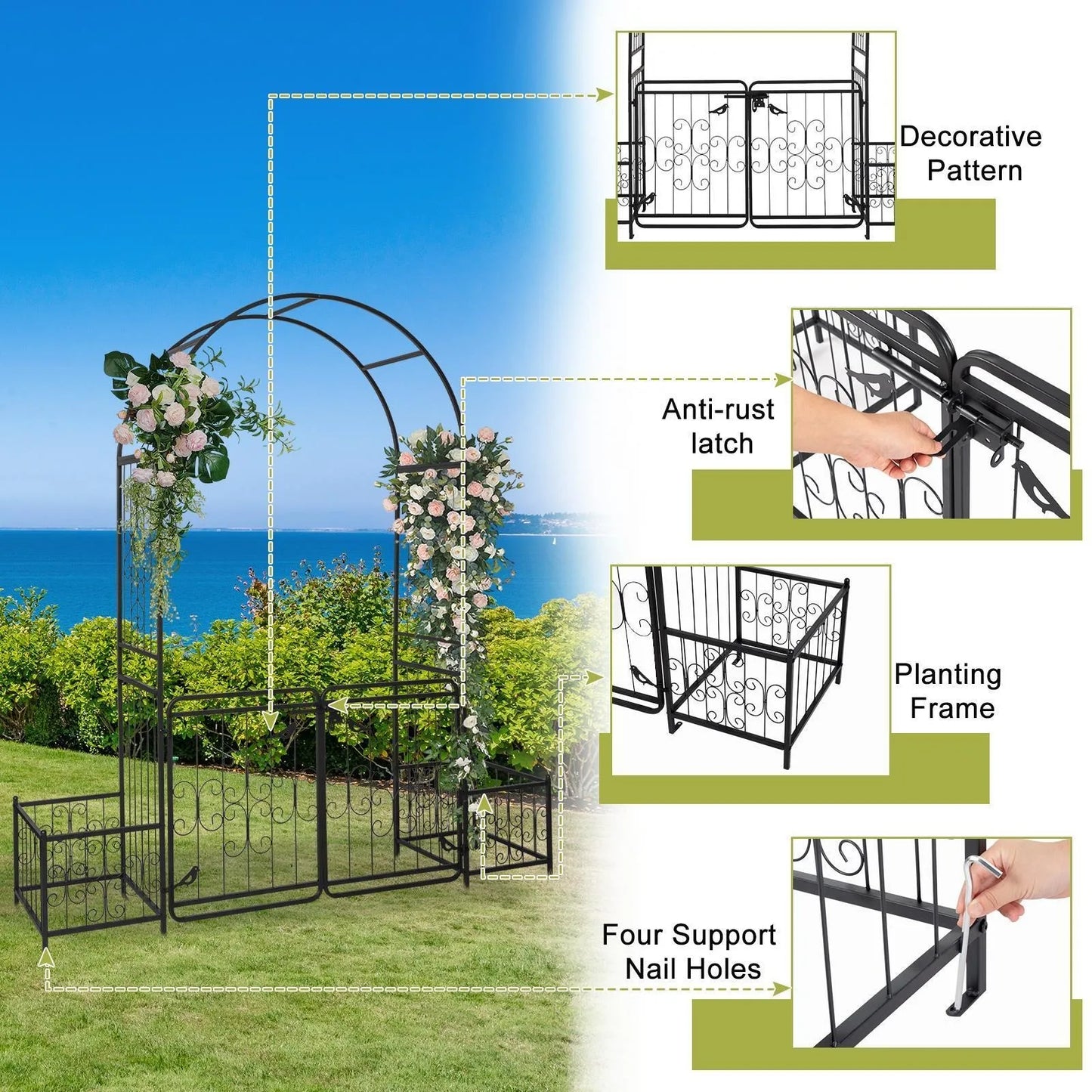 Metal Garden Arch with Planter Boxes and Gate.