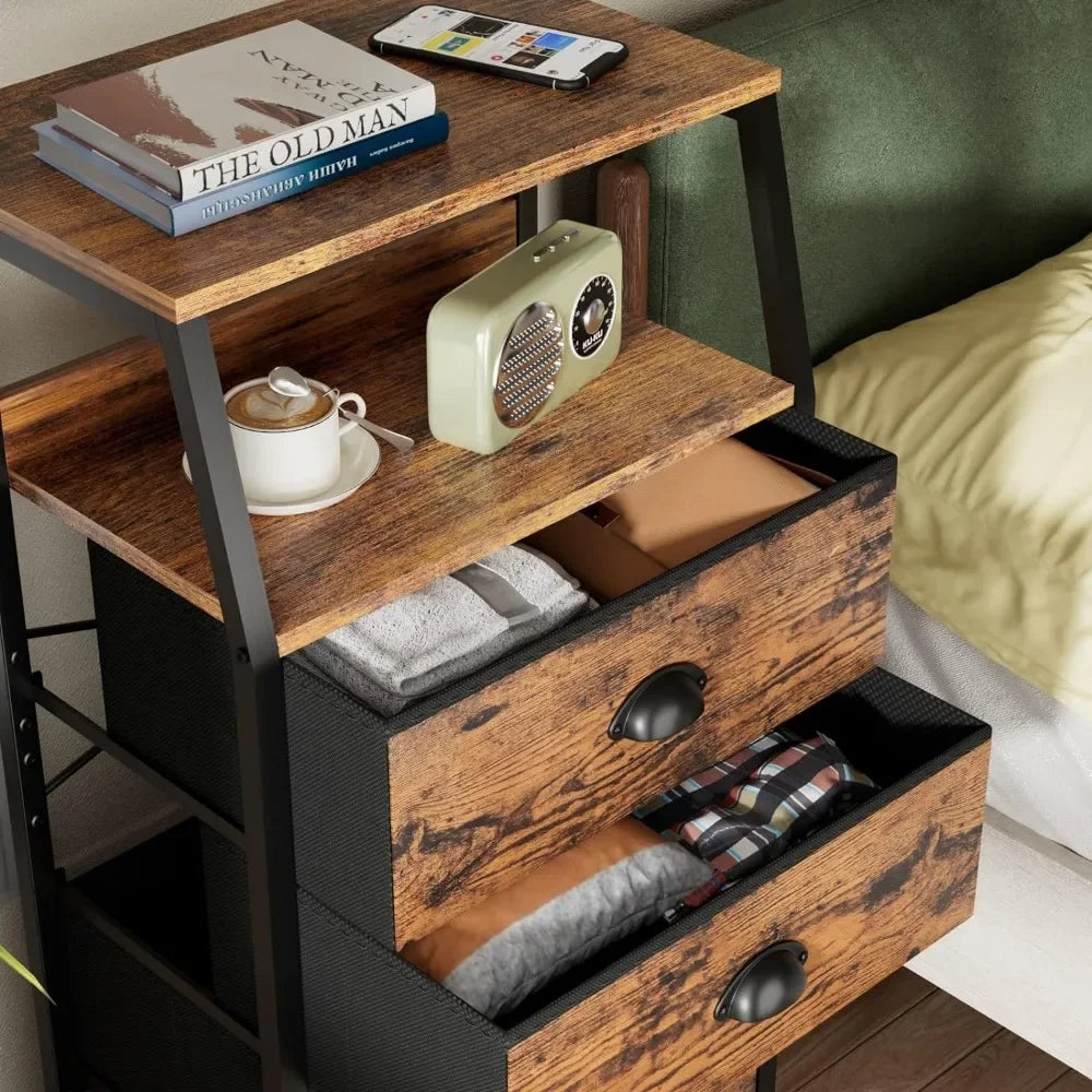 Nightstand with 3 Fabric Drawers and 2-Tier Wooden Shelf, Steel Frame