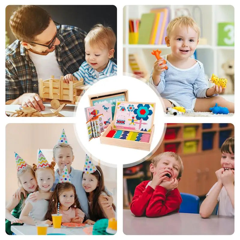 Wooden Pattern Blocks Set Tangram Montessori Learning Toys Magnetic