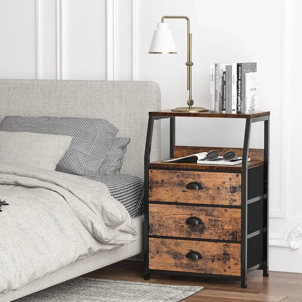 Nightstand with 3 Fabric Drawers and 2-Tier Wooden Shelf, Steel Frame