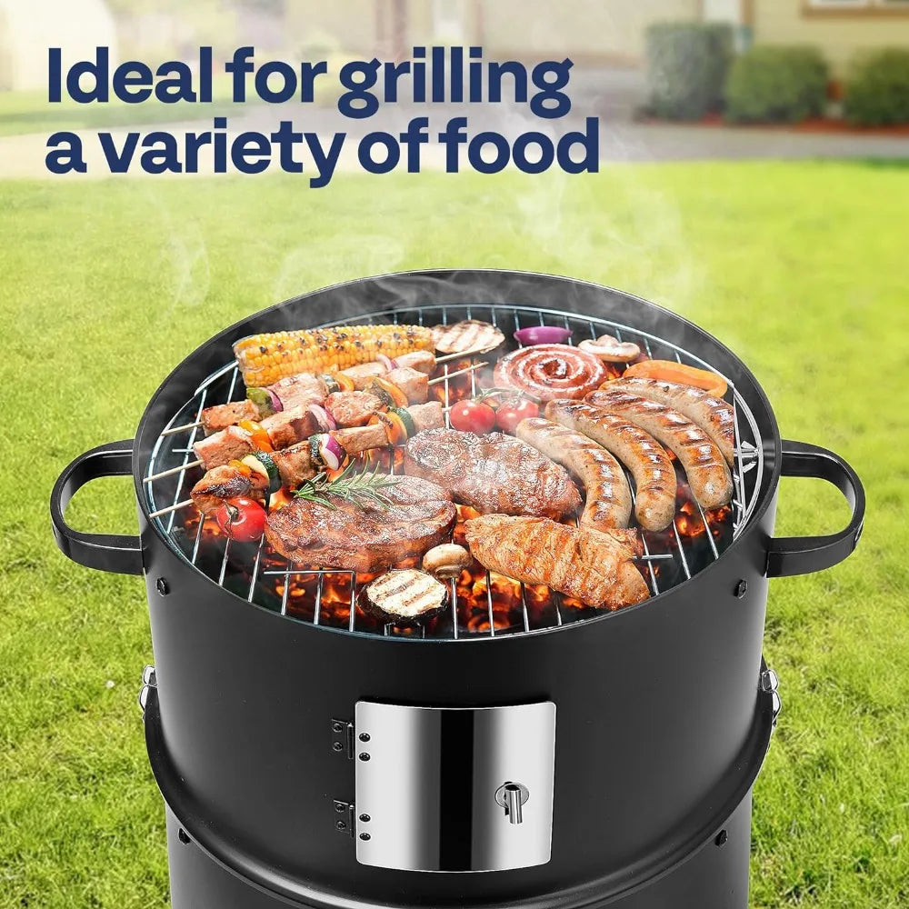 3-in-1 Vertical Charcoal Smoker, Grill with Thermometer, Vent, 2 Access Doors