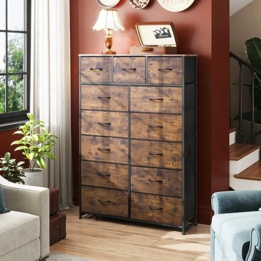 Tall Dresser for Bedroom with 13 Wood & Fabric Drawers, Steel Frame