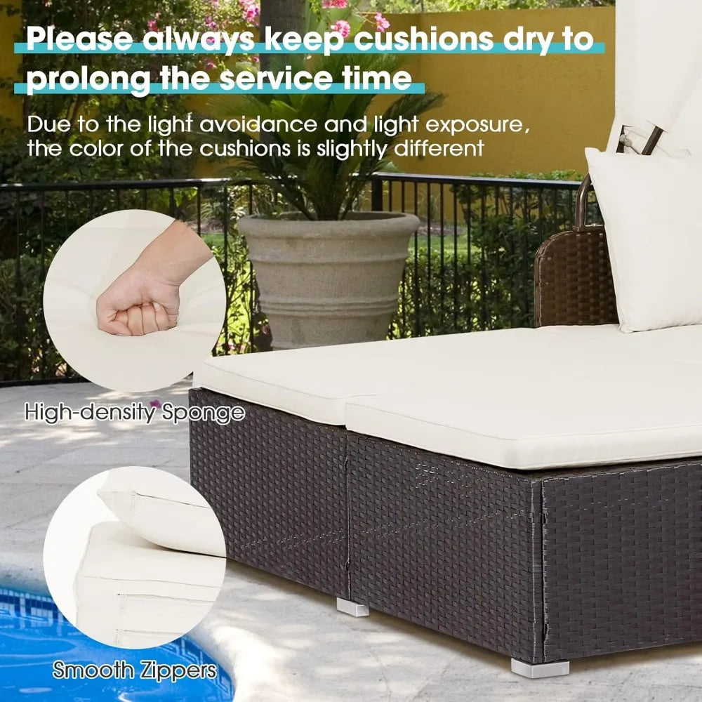 Outdoor PE Rattan Lounge Daybed with Retractable Canopy & 2 Side Trays