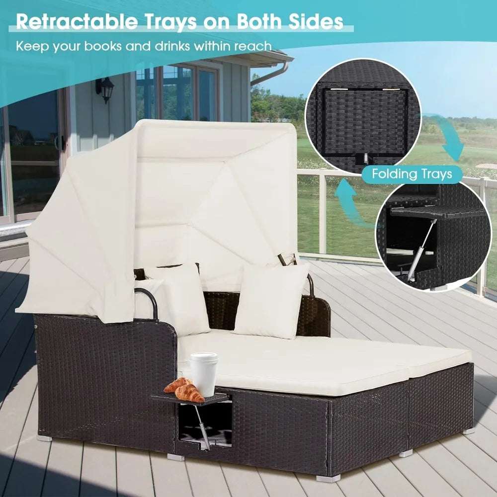 Outdoor PE Rattan Lounge Daybed with Retractable Canopy & 2 Side Trays