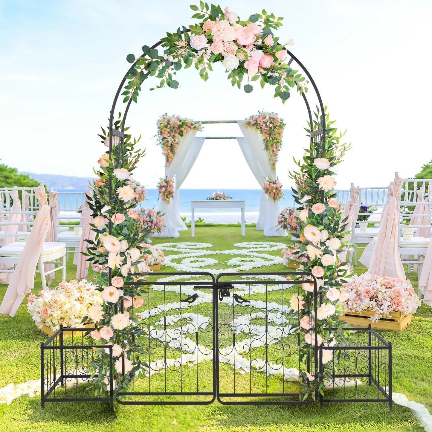 Metal Garden Arch with Planter Boxes and Gate.